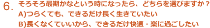 そろそろ最期かなという時になったら、どちらを選びますか？つらくても、できるだけ長生きしたい　長くなくていいから、できるだけ快適・楽に過ごしたい